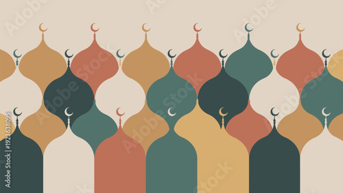 A captivating seamless pattern displays colorful, stylized mosque domes topped with crescent moons.
