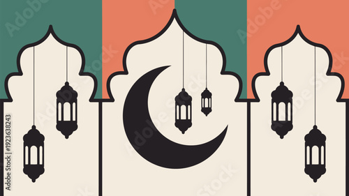 A festive composition shows three Islamic arches with hanging lanterns flanking a central crescent moon.