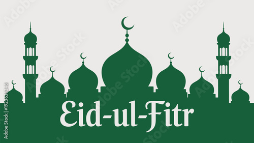 A green silhouette of a mosque with domes and minarets on Eid-ul-Fitr