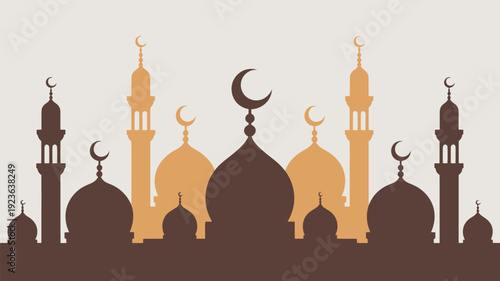 A serene illustration of a mosque silhouette with crescent moons at sunset