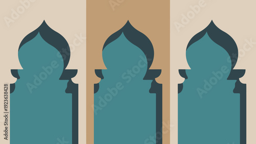 A graphic design featuring three green and black arches on a beige background