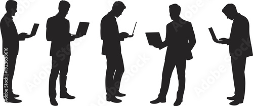 Businessman silhouettes with laptop set, corporate professional men working on computer isolated on white background modern office technology illustration