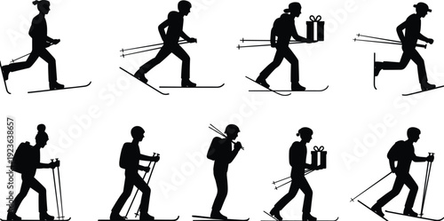 Cross country skiing silhouettes set, winter sport people with backpack and gift box isolated on white background, black ski illustration collection