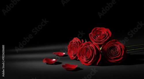 Romantic red roses bouquet with scattered petals on dark background elegant flowers arrangement for valentine's day or anniversary symbolizing love and passion