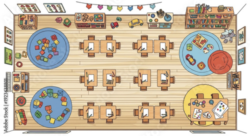 Top-down view of a restaurant interior with tables and chairs arranged for dining.