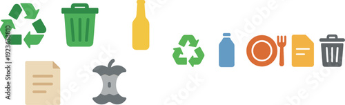 Symbols of recycling, trash disposal, and waste management demonstrate the importance of sustainability. These visuals highlight efforts to reduce waste and promote environmental responsibility.