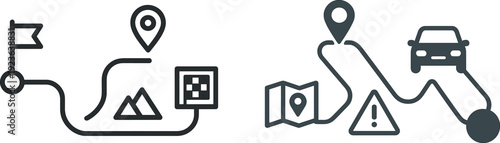 A detailed map design features a winding path leading to mountains, marked by a flag and a location pin, ideal for navigation and adventure planning, emphasizing exploration and travel.