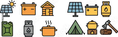 A collection of icons representing renewable energy sources, including solar panels, batteries, and gas containers, illustrating off-grid living concepts effectively.