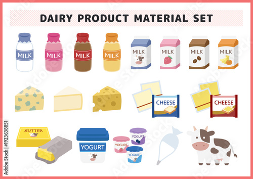牛乳や瓶入りミルクにチーズやバターなど様々な乳製品のイラストセット 可愛い牛のキャラクターとヨーグルトや生クリームのベクター素材 牧場のチラシやスーパーの販促および食育のアイキャッチに最適なデザイン