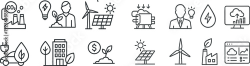Illustrations show key elements of sustainability, including renewable energy sources, emissions reduction, and eco-friendly technology. Icons represent a future focused on environmental care.