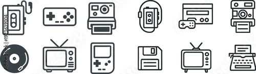 Various vintage electronic devices including a cassette player, video game controller, instant camera, vinyl record, television, and handheld game console are arranged together.