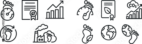 Icons represent various aspects of ecological footprints, including measurement, certification, growth charts, and industrial impacts on the environment. The focus is on sustainability efforts.