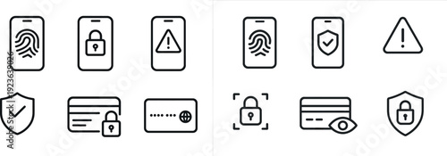 Several digital security icons display biometric authentication, locked devices, alerts, a shield for protection, and a secured payment card, emphasizing online safety and privacy.
