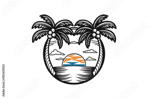 Two black palm trees overlook ocean waves against a sunset horizon