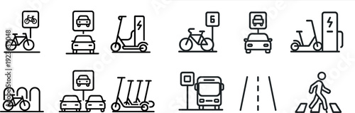 Different transportation symbols are illustrated, featuring bicycles, cars, and electric scooters. The icons highlight options for urban mobility and sustainability within a city environment.
