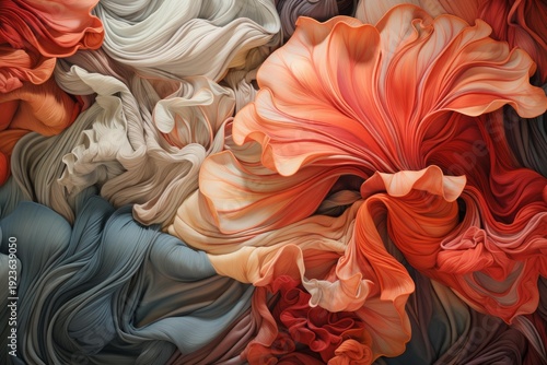 Flowing fabric forms organic floral and abstract shapes with vibrant warm and cool colors