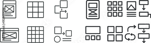 Set of clean line icons illustrating different grid layouts and UI components, useful for web designers and developers working on interactive projects.