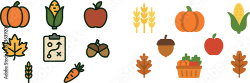 A collection of autumn-themed icons includes a pumpkin, corn, apple, leaves, acorns, and a carrot, illustrating the seasonal bounty of harvest time.
