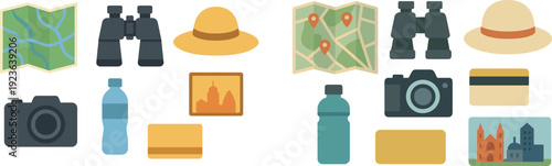 A collection of items necessary for adventure in nature, including binoculars, a map, a hat, a water bottle, a camera, and a credit card. Perfect for capturing experiences outdoors.