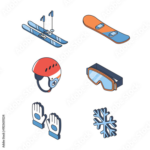 Winter Sports and Outdoor Activities Icon Set - Flat Line Illustration of Skiing, Skating, Hockey, and Mountain Gear