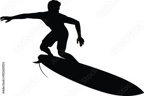 Surfing, silhouette, surfer, wave, ocean, water, sport, action, extreme, athlete, adventure, summer, freedom, board, dynamic, coastal, recreation, vector, flat, illustration