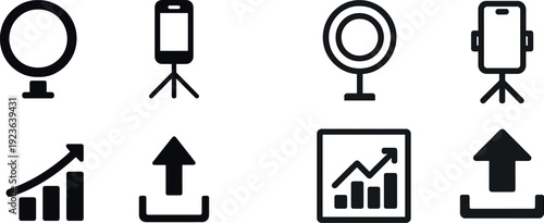 Four black icons: a globe for global reach, a smartphone on a tripod for media, an upward graph for growth, and an upload symbol for content sharing.