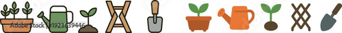 Various gardening icons are displayed, including potted plants, a watering can, a seedling, a garden bench, and a trowel, representing eco-friendly gardening themes.