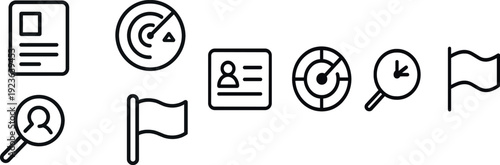 Various icons illustrate the processes of document review, radar tracking, user search, and flag representation, highlighting organizational and research activities in a simple design.