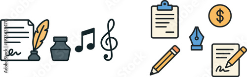 A quill and ink bottle sit next to a sheet of paper filled with notes and musical symbols. This illustration highlights the connection between writing and music.