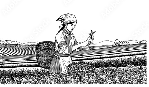 Traditional Asian Tea Harvester Woman in Tea Fields – Detailed Line Sketch Vector Art
