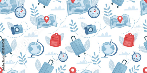 Seamless travel vector pattern on light background with map, suitcase, backpack and travel elements in flat style