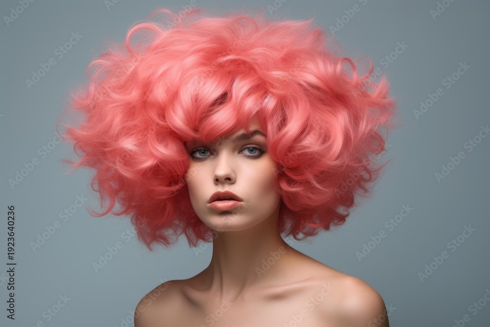 Fototapeta premium Woman posing with vibrant pink hair styling a fashionable salon haircut