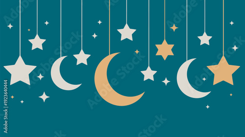 A whimsical illustration of stars and moons hanging from strings against a dark blue background