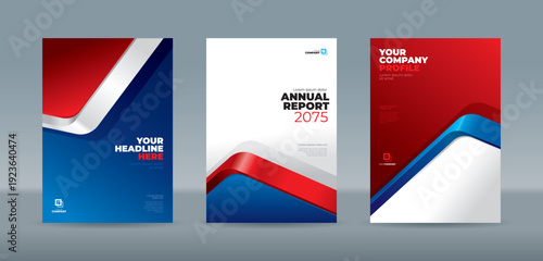 A professional cover template with bold 3D ribbon geometry in glossy red, white, and blue on a clean background. A4 size book cover template for annual report, magazine, booklet, proposal, portfolio