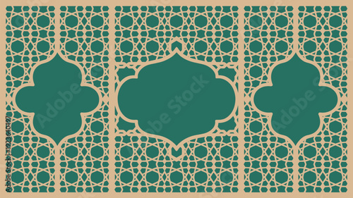 A vibrant green and gold Islamic geometric pattern with intricate designs and shapes