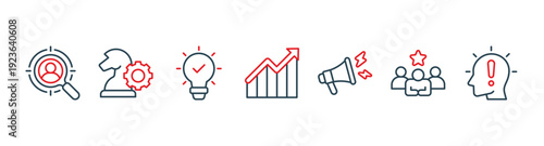 Brand banner web icon vector illustration concept with icons of target market, strategy, innovation, marketing, advertising, customers, and awareness