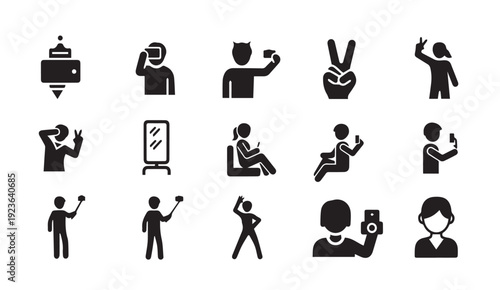 People taking selfies and interacting with technology in various poses