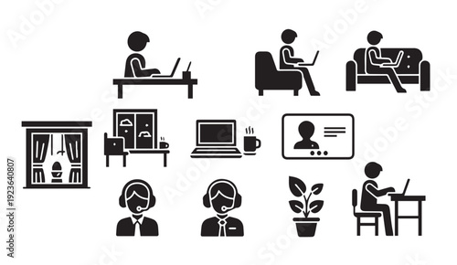 People working remotely in various settings with technology