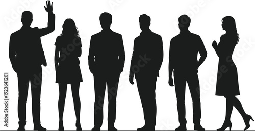 Business, people, silhouettes, diverse, standing, group, professionals, teamwork, corporate, office, employees, isolated, profile, modern, leadership, communication, vector, design, flat, illustration
