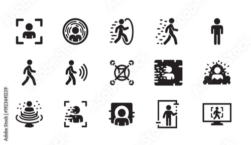 Black icons depicting people in various dynamic movements and technology interactions