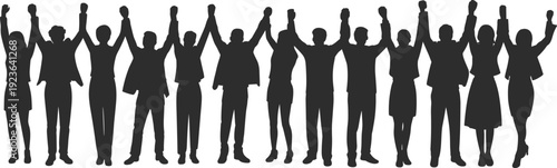 Business, people, silhouettes, diverse, team, unity, celebration, raised, hands, group, professionals, teamwork, corporate, office, success, solidarity, modern, leadership, flat, illustration