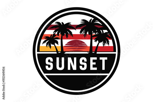 Two palm trees frame a vibrant sunset over the ocean within a black circle