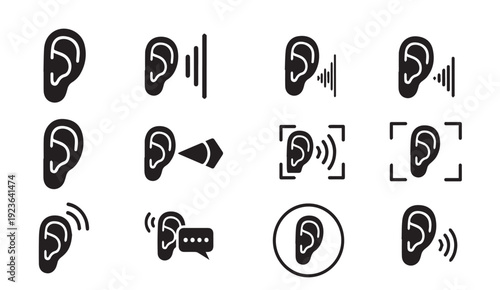 Collection of modern ear icons with sound waves and speech bubbles