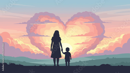 Mother and child silhouettes share a loving sunset moment under a heart-shaped sky.