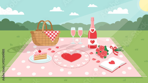 Romantic picnic setting with champagne, cake, and roses.