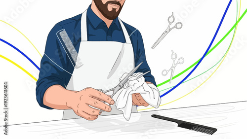 Barber cleaning scissors and comb for haircut