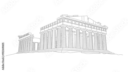 Outline of an ancient Greek temple with columns on a hill