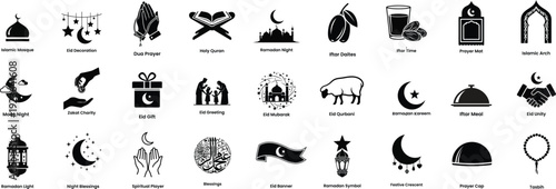 Black vector illustrations of mosques and crescent moons on white background, for ramadan and eid celebrations