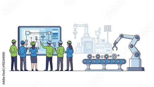 Engineering team discussing industrial automation process on a large screen.