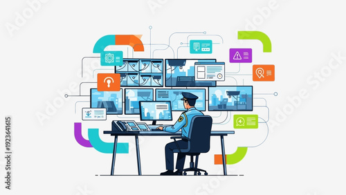 Security guard monitoring multiple surveillance screens in a control room.